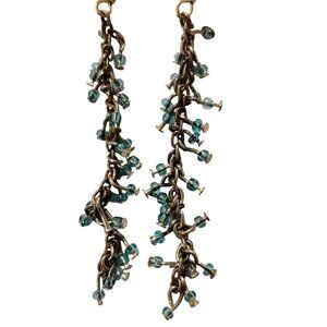 Chain Dangle Earrings Blue Aqua Glass Beads Unique Artisan